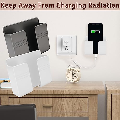 2 Pcs Wall Mount Phone Holder with Adhesive Phone Stand with Data Cable Receiving Hole, Phone Charger Stand Remote Control Storage Box for Bedroom, Kitchen, Bathroom, Office (White) - color: White