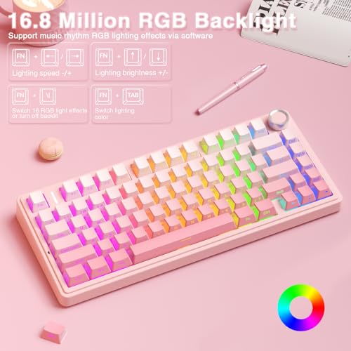 AULA F75 Pro Wireless Mechanical Keyboard Silent Version,75% Hot Swappable Custom Keyboard with Knob,RGB Backlit,Pre-lubed Switches,Side Printed PBT Keycaps,2.4GHz/USB-C/BT5.0 PC Gaming Keyboards,Pink - color: F75Pro Pink-Silent Version