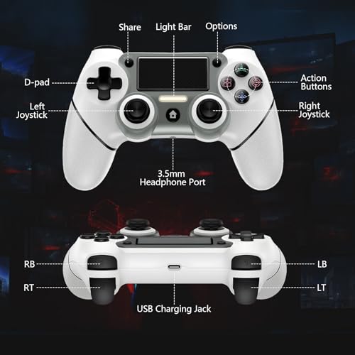 Wireless Controller Compatible with PS4/Pro/Slim, Black ps4 controller with Dual Vibration, 1000mAh Battery, 6-Axis Motion Sensor, Built-in Speaker & 3.5mm Headphone Jack, Charging Cable (White) - color: White