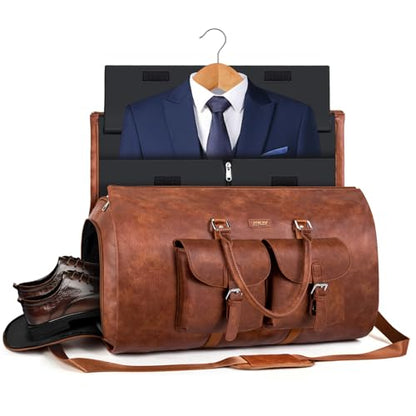 Garment Bag for Travel Convertible Carry on Travel Duffel Bag for Men Women | 3PCS Large Weekender Bag with Waterproof Shoes Pouch 2 in 1 Hanging Clothes Suit Dress Bag Travel Garment Duffel Bag 56L - color: A5-Brown-Faux Leather
