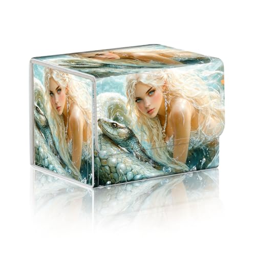 Trading Card Storage Box, Holds 100+ for MTG Cards, PU Leather with Magnetic Closure, Blonde Maiden with Serpent in Water Durable Deck Box for Magic the Gathering, Trading Card Games - color: Blonde Maiden with Serpent in Water