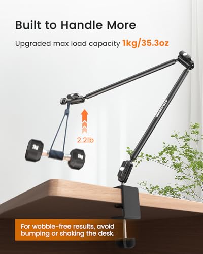 CAMBOFOTO 33" Magic Arm Phone Desk Clamp, Overhead Camera Mount, Boom Arm | Webcam Arm with 1/4" Screw, Stable C-clamp, Phone Holder/Action Cam Adapter Included, Long Phone Arm for POV Shot, Mic, Light