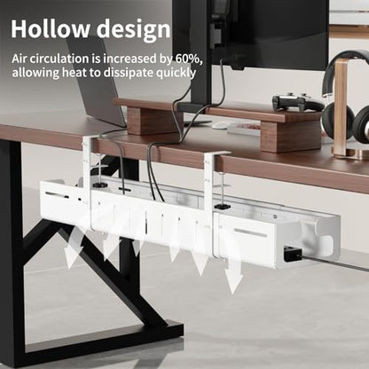 Under Desk Cable Management Tray, Expandable 25.2"–38.6" Cable Tray, White | No Drill Cable Management with Clamp Mount,Heavy Duty Carbon Steel Desk Cable Organizer,Wire Management for Office Home - color: White