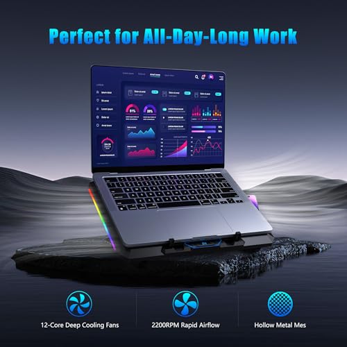 Laptop Cooling Pad with 12 Quiet Fans, Slim Portable for 12-17.3 Inch Laptop Cooler Stand, RGB Lighting, with 5 Height Adjustable, Gaming Cooling Fan Pad,Two USB Ports, Phone Holder (LCD) - size: 12Fan-LCD