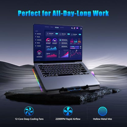 Laptop Cooling Pad with 12 Quiet Fans, Slim Portable for 12-17.3 Inch Laptop Cooler Stand, RGB Lighting, with 5 Height Adjustable, Gaming Cooling Fan Pad,Two USB Ports, Phone Holder (LCD) - size: 12Fan-LCD