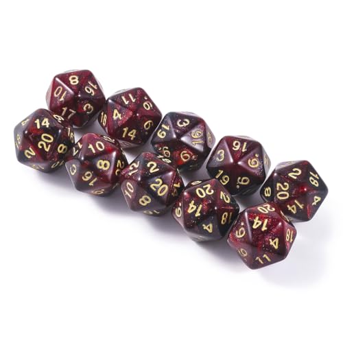 10 Pieces Polyhedral Dice Set D20 Dice 20mm Acrylic 20 Sided Game Dice for Dungeons and Dragons RPG MTG DND Dice Table Games (Starry Red Black) - color: Starry Red Black
