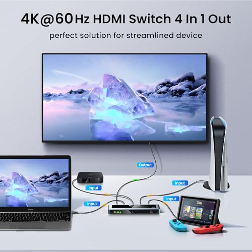NEWCARE HDMI Switch 4 in 1 Out 4K@60Hz, Aluminum 4-Port HDMI Switcher Splitter with Remote, Supports HDR10 Dolby Vision HDCP 2.2 18Gbps 3D for TV PS5 Xbox Laptop Projector Fire Stick