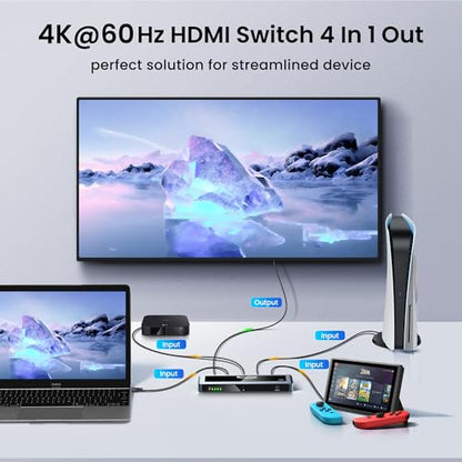 NEWCARE HDMI Switch 4 in 1 Out 4K@60Hz, Aluminum 4-Port HDMI Switcher Splitter with Remote, Supports HDR10 Dolby Vision HDCP 2.2 18Gbps 3D for TV PS5 Xbox Laptop Projector Fire Stick