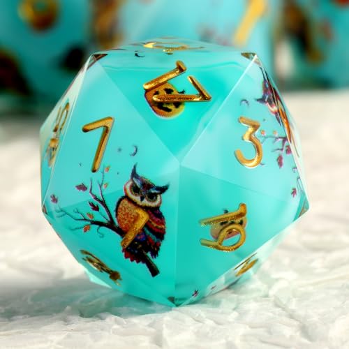 DNDND Owl Aqua Blue Translucent Resin Dice Set - 7-Piece Sharp Edge RPG Dice for D&D with Stickers, Handcrafted Premium Metal Case Gift - color: Owl