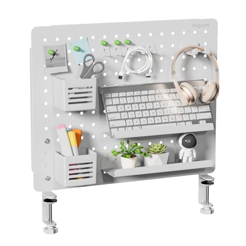 Clamp on Desk Pegboard, 20.4" x 16.5", with 15 Accessories, White | Magnetic Metal Peg Board, Desk Organizer for Office Gaming Home, Privacy Panel, Large - color: White, size: Large