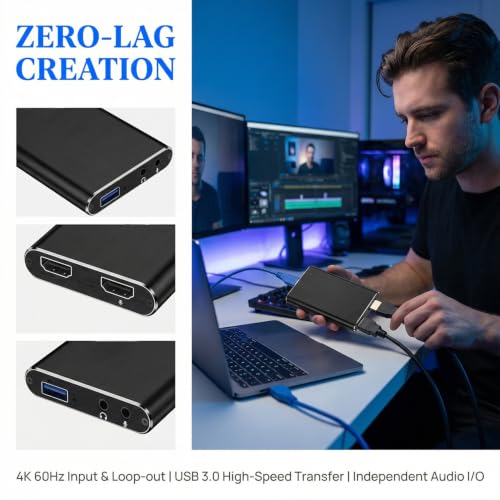 4K Ultra HD Video Capture Card, 1080P 60FPS USB 3.0 Game Recorder for Streaming, Gaming & Video Meetings, Plug & Play, Ultra-Low Latency