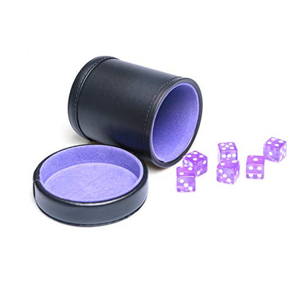PU Leather Dice Cup Purple Velvet Lined Quiet Shaker with Lid Including 6 Purple Translucent Dice for Liars Dice Farkle Yahtzee Board Games - color: Purple