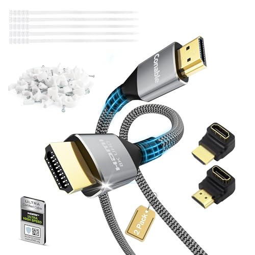 Conable 8K HDMI 2.1 Cable (2 Pack, 2FT+ 2FT), Real Certified Cable, 48Gbps, Ultra HD Braided Cord, Supports 8K@60Hz 4K@120Hz, eARC, HDR, HDCP 2.2 2.3, with HDMI Adapter, U Nails, Cable Ties - size: 2FT, style: 2 Pack (with Kit)