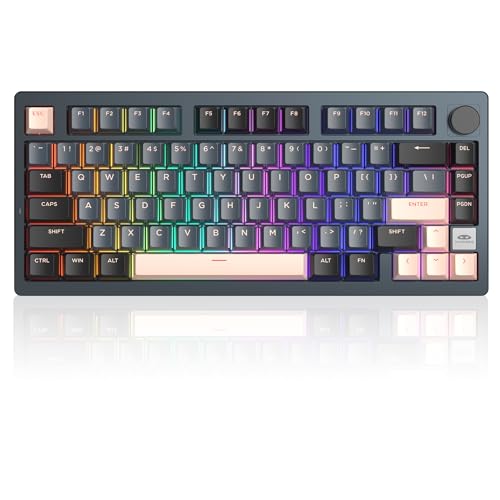 MageGee LIGHT75 Wireless Creamy Keyboard, Tri-Mode Bluetooth/2.4GHz/USB-C RGB Backlit, Gasket Hot Swappable Custom Gaming Keyboard for Win/Mac/PC, with Knob, 4000mAh Battery, Grey - color: Grey Beige/Pink Bear Switch