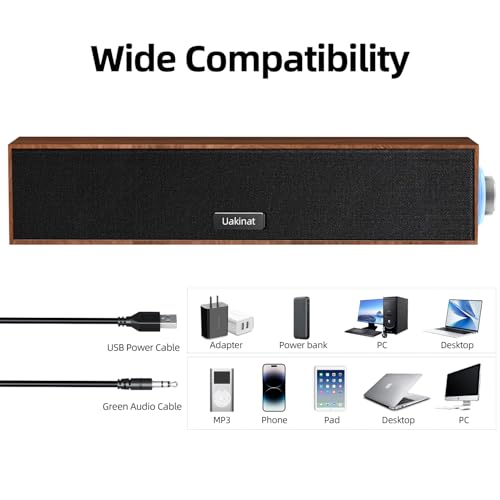 Uakinat Computer Speakers,Wooden Multimedia Digital Speaker,USB Powered 3.5mm AUX PC Speakers,Surround Sound Portable Computer Sound Bar Speaker for Desktop Laptop (Brown)
