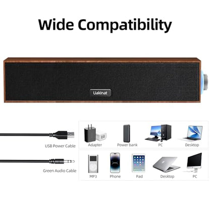 Uakinat Computer Speakers,Wooden Multimedia Digital Speaker,USB Powered 3.5mm AUX PC Speakers,Surround Sound Portable Computer Sound Bar Speaker for Desktop Laptop (Brown)