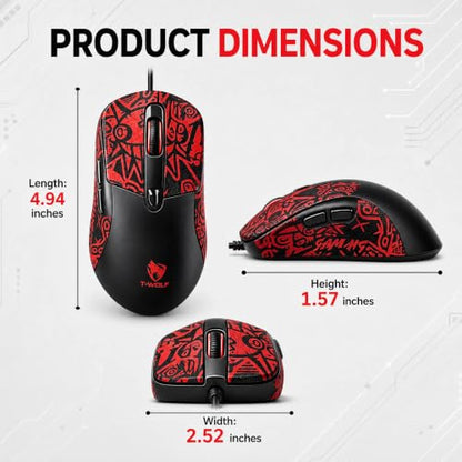 Wired Gaming Mouse, 7200 Adjustable DPI, 6 programmable Buttons, 3 Million-Click lifespan, 1.5-Meter Braided Cable, red Non-Slip Grip pad—for PC Gaming and Office use