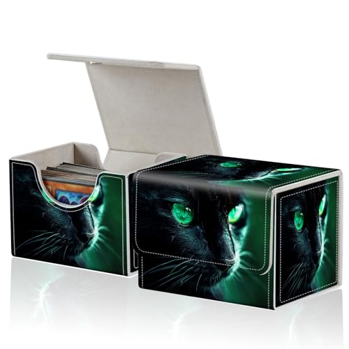 for MTG Commander Deck Box,Card Deck Box for Trading Yugioh MTG,Fits 100 Double Sleeved Cards,PU Leather Strong Magnet Case for Magic Commander TCG CCG,Black Cat Green - color: Black Cat Green