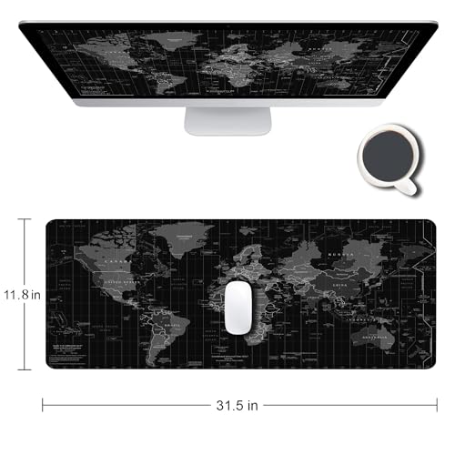 Large Gaming Mouse Pad with Stitched Edges, Desk Mat Extended Keyboard Pad, Non-Slip Rubber Base Desk Pad for Laptop, Office, Home, 31.5X11.8 inch Black World Map - color: 17 Black World Map