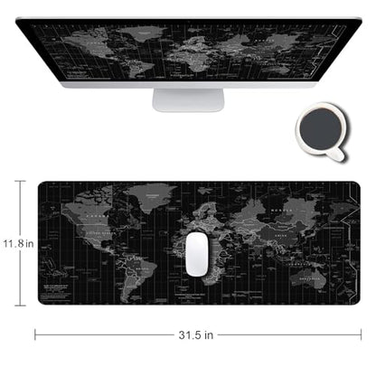 Large Gaming Mouse Pad with Stitched Edges, Desk Mat Extended Keyboard Pad, Non-Slip Rubber Base Desk Pad for Laptop, Office, Home, 31.5X11.8 inch Black World Map - color: 17 Black World Map