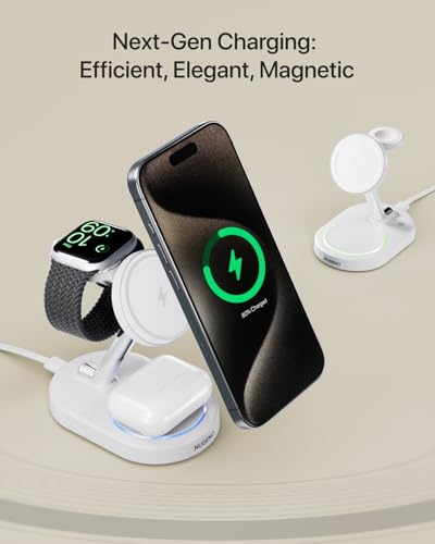 Magnetic Charging Station for iPhone 16/16 Pro/16 Pro Max, Wireless Charger Station for MagSafe iPhones, 3 in 1 Magnetic Charger Stand for iPhone 16/15/14/13/12 Series, Apple Watch & AirPods.(White) - color: White