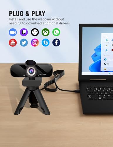 Tewiky Full HD Webcam with Built-in Microphone and Rotatable Tripod, 1080P Video and Wide Angle Camera, Privacy Cover, for Desktop PC or Laptop Computer - style: 1080P Webcam with USB Cable