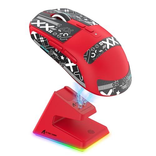 ATTACK SHARK X6 Lightweight Wireless Gaming Mouse with RGB Backlight Charging Base,Tri-Mode Wired/2.4GHz/BT5.2,26K DPI, PAW3395 Optical Sensor,HUANO Switch,5programmable Buttons,PC/Mac(Red+Sticker) - color: Red, size: Mouse with Anti-slip sticker