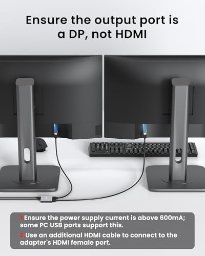4K 60Hz DisplayPort to Dual HDMI Adapter, MST Splitter for Dual Monitor Extender, Supports Extended & Mirror Mode, Plug and Play, USB Power Cable Included