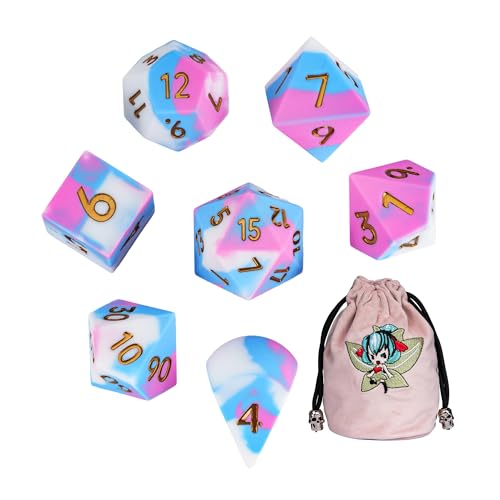7-Piece Jumbo Silicone DND Dice Set, 25mm Oversized D&D Dice | Round Edges Soft Perfect Bouncer Compatible with Dungeons and Dragons RPG Bar Pub Club Party Games - color: Pink&white&blue