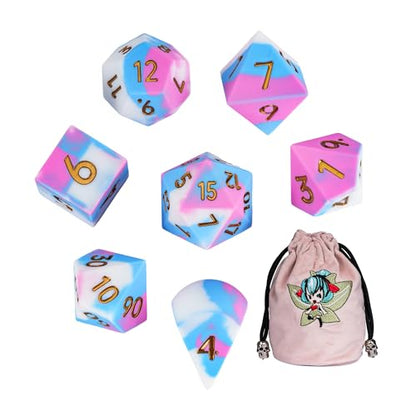 7-Piece Jumbo Silicone DND Dice Set, 25mm Oversized D&D Dice | Round Edges Soft Perfect Bouncer Compatible with Dungeons and Dragons RPG Bar Pub Club Party Games - color: Pink&white&blue