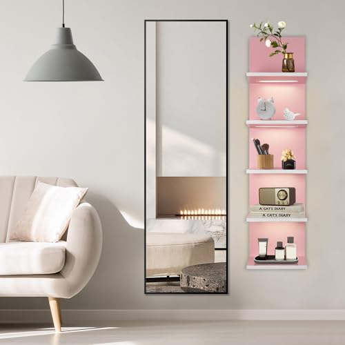 5 Tier Pink Wall Shelf Unit | Wall Shelves for Bathroom, Bedroom, Vanity, Wall Mount Vertical Lack Shelf, With LED - color: Pink