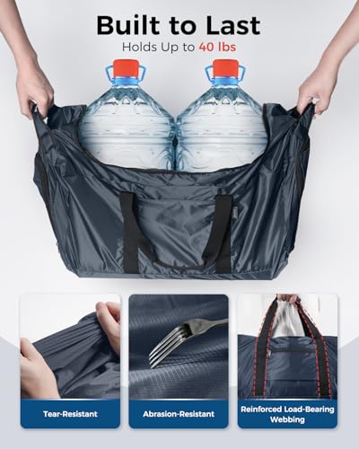 pack all 65L Foldable Travel Duffel Bag, Shoe Compartment Weekender Bag | Ultralight, Packable, Water Resistant, Tear Resistant Nylon, Detachable Strap, Luggage Sleeve, For Travel, Camping, Navy - color: Navy, size: 65L