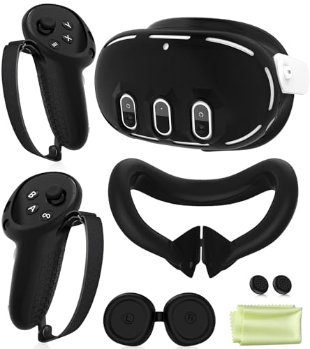 Silicone Cover Set Compatible with Meta Oculus/Quest 3, VR Accessories Protective Cover Includes Controller Grips, Front Shell Headset Cover and Face Cover, Not Fit Quest 3S (Black) - color: Black