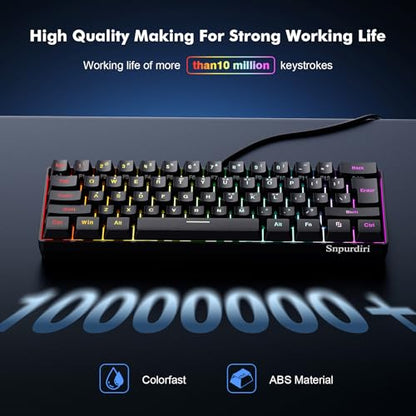 Snpurdiri 60% Wired Gaming Keyboard, RGB Backlit Ultra-Compact Mini Keyboard, Waterproof Small Compact 61 Keys for PC/Mac Gamer, Typist, Travel, Easy to Carry on Business Trip(Black) - color: Black