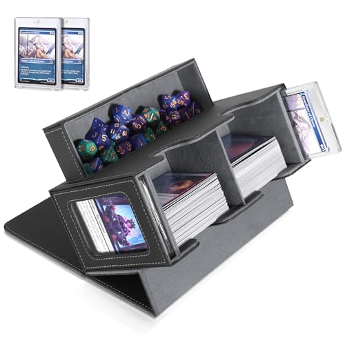 MTG Deck Box, MTG Commander Card Deck Box with Commander Display, Fits 250+ Single Sleeved, Double Card Storage Box with Dice Tray, Magnetic Card Storage Case for CCG TCG Sports Cards, Black Grey - color: Black Grey