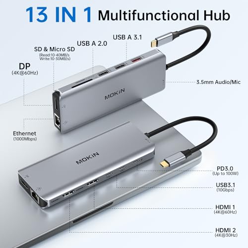 USB C Laptop Docking Station Dual Monitor Dual HDMI 4K DP Triple Display Hub, 13 in 1 MOKiN USB C Hub with 3 Monitors, DisplayPort, USB 3.1, RJ45, 100W PD, Card Reader, Audio/Mic, for Dell HP Lenovo