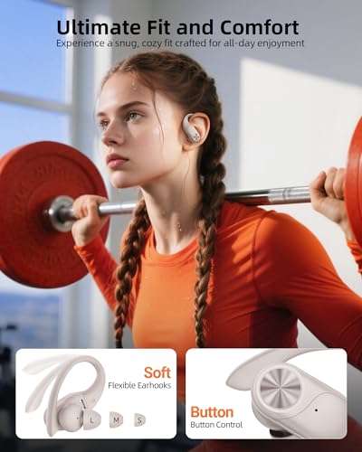 PocBuds Bluetooth Headphones Wireless Earbuds 80hrs Playtime Wireless Charging Case Digital Display Sport Ear Buds with Earhook Deep Bass IPX7 Waterproof Over-Ear Earphones for Phone Laptop Beige - color: Beige, style: Standard