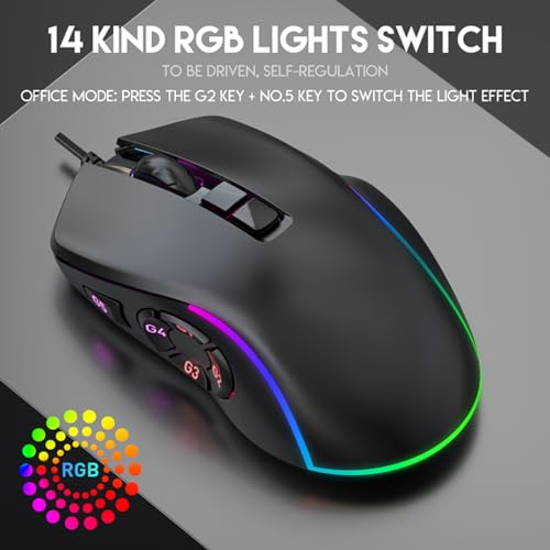 Zyyini RGB Gaming Mouse, 6 Adjustable 800-12800 DPI Wired Macro Mouse, 10 Programmable Buttons, 14 Lighting Effects, for PC Computer Game Office