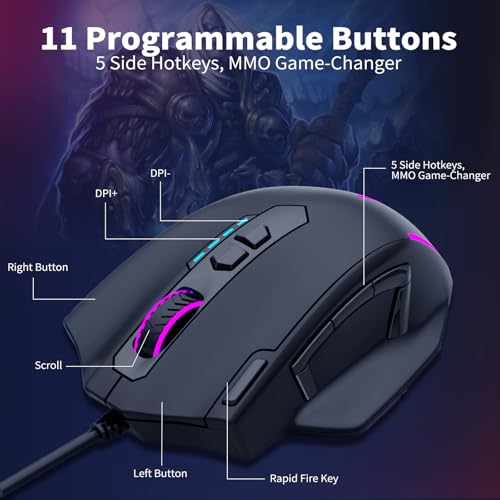 E-YOOSO Wired Large Gaming Mouse, RGB Backlit, 5 Macro Side Buttons, 200-12400 DPI, 11 Programmable Buttons, Rapid Fire Button, Adjustable Weights, Software Supports, Ergonomic for PC/Mac, Black