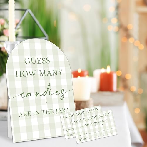Guess How Many Candies Are In The Jar Game Set, 50 Guess Cards With 1 Standing Sign, Minimalism Green Baby Shower Game Kit, Neutral Gender Reveal Party Decor & Activity Supplies - A09 - color: Minimalism Green