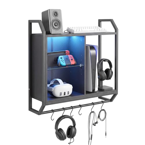 Gaming Floating Wall Shelves with LED Lights, Wall Mounted Shelf | 24" Shelf with Adjustable Glass Bar & 6 Hooks, Gaming Wall Shelf for Bedroom Gaming Room Living Room Office