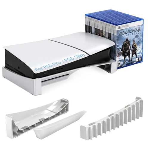 ZYTHRONE Horizontal Stand Compatible with PS5 Slim & Pro Console, Base Stand for PlayStation 5 Slim/Pro Disc & Digital Editions, Hold 12 Pcs Game Disc (Not for PlayStation 5 2020), White - color: White