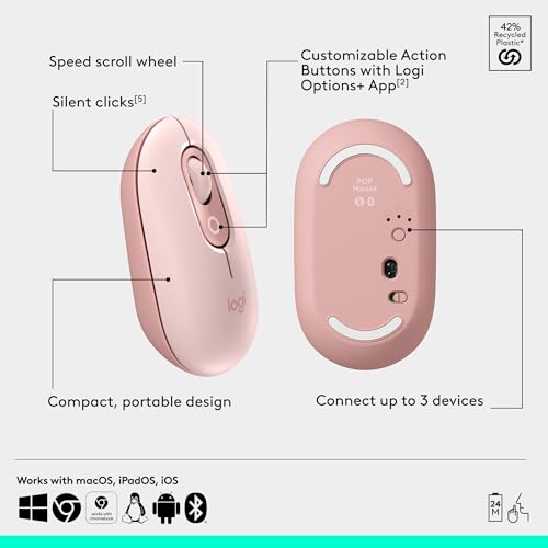 Logitech POP ICON Combo, Wireless Bluetooth Keyboard and Mouse, Comfortable Typing, programmable Keys and Buttons, Quiet clicks, Easy-Switch up to 3 Devices - Rose - color: Rose, style: Combo