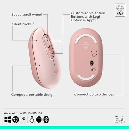Logitech POP ICON Combo, Wireless Bluetooth Keyboard and Mouse, Comfortable Typing, programmable Keys and Buttons, Quiet clicks, Easy-Switch up to 3 Devices - Rose - color: Rose, style: Combo