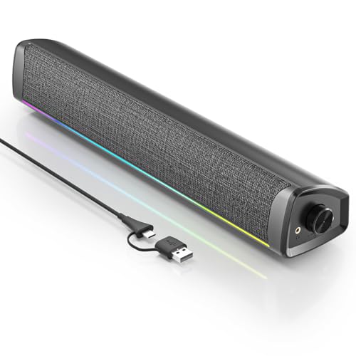 Computer Speakers for Desktop PC, Gaming Soundbar with 4 Drivers, 12 RGB Lighting Modes, USB/USB-C Powered PC Speakers, Plug & Play Monitor Sound Bar with Mic & Headphone Jack for Laptop, PC, Black