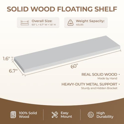 60 inch Long Floating Shelves for Wall,Solid Wood Long Shelves Set of 1,Grey Rustic Wall Mounted Shelves Large Bookshelf (Grey, 60 Inch) - color: Grey, size: 60 Inch set of 1