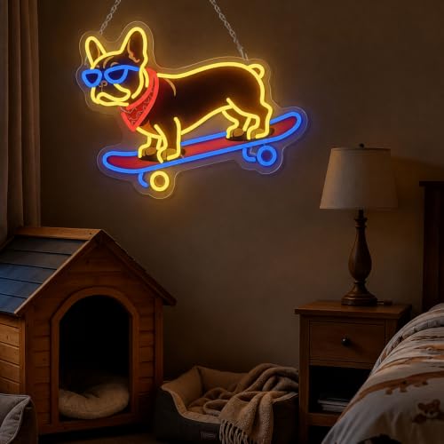 French Bulldog Skateboarding Neon Sign, Skateboard Dog Frenchie Wearing Glasses Neon Signs | Dimmable LED Bulldog Wall Art Decor | Frenchie Dog Lover Gifts - color: French Bulldog