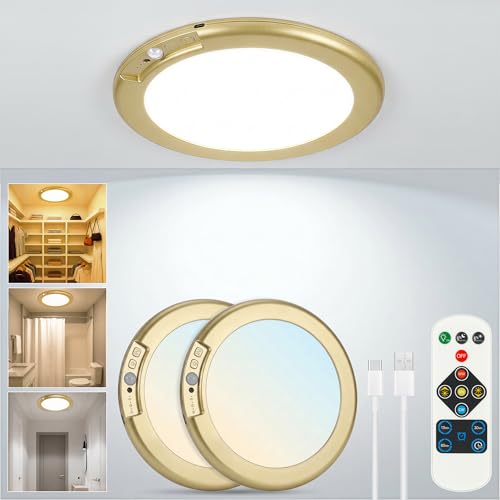 Gold Wireless Rechargeable Ceiling Light, Motion Sensor Night Light Indoor | 2 Packs Battery Operated Led Lights with Remote for Bedroom Hallway, Living Room, Bathroom, Home & Kitchen Decor Lighting - color: Gold, size: 2 Packs