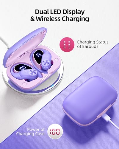 PocBuds Bluetooth Headphones Wireless Earbuds 80hrs Playtime Wireless Charging Case Digital Display Sports Ear buds with Earhook Deep Bass IPX7 Waterproof Over-Ear Earphones for TV Phone Laptop Purple - color: Purple, style: Standard