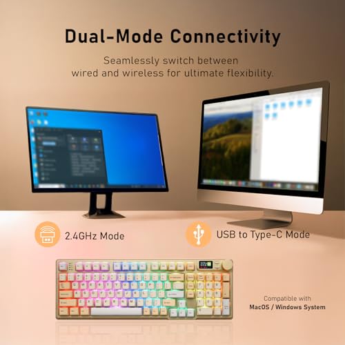 iRocks K85R Wireless RGB Backlit Mechanical Gaming Keyboard with LCD Display, Hot-Swappable Pre-lubed Brown Switches, 98 PBT Keys, USB-C Detachable Cable (Light Golden, Bubble Switch) - color: Light Golden